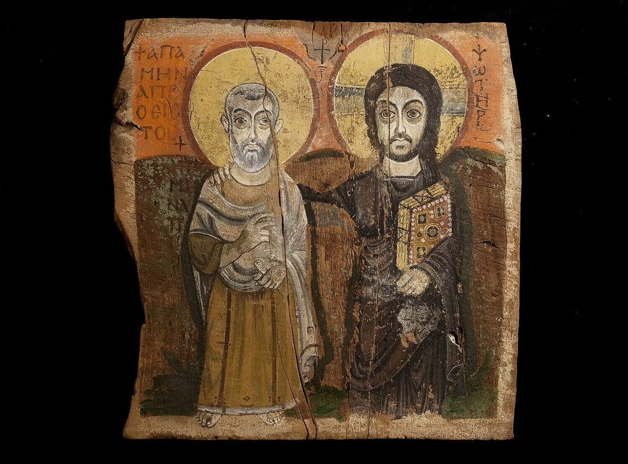 Historic icon of Christ resting his arm on Abbot Mena’s shoulder.